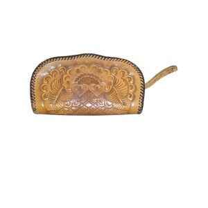 Vintage Western Floral Carved Hand Tooled Leather Patina Clutch Hand Bag Purse
